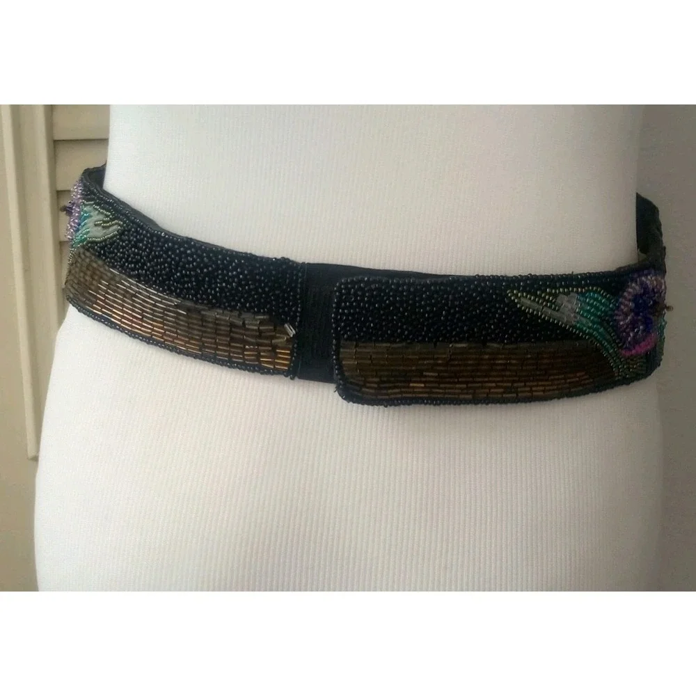 Vtg 80s PATRICK SWEENEY Company Floral Cumberbund Sequin Beaded Belt Goth Fairy